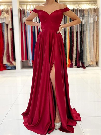 A-line Floor-length Off-the-shoulder Silk-like Satin Split Front Prom Dresses #UKM020107992