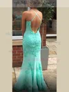 Trumpet/Mermaid V-neck Lace Tulle Sweep Train Lace Prom Dresses #UKM020107998