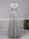 A-line High Neck Tulle Floor-length Beading Prom Dresses Sale #sale020101636