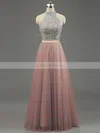 A-line High Neck Tulle Floor-length Beading Prom Dresses Sale #sale020101636