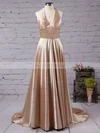 A-line V-neck Silk-like Satin Court Train Split Front Prom Dresses Sale #sale020102467