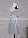 A-line V-neck Tulle Knee-length Appliques Lace Popular Prom Dresses Sale #sale020102505