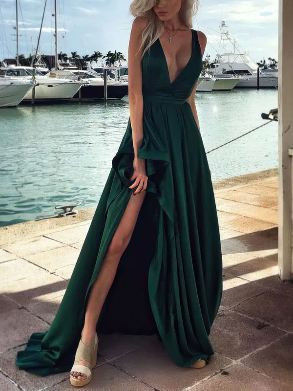 A-line V-neck Silk-like Satin Sweep Train Split Front Prom Dresses Sale #sale020103570