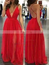 A-line V-neck Tulle Floor-length Split Front Prom Dresses Sale #sale020103576