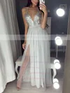 A-line V-neck Tulle Sequined Floor-length Split Front Prom Dresses Sale #sale020103637