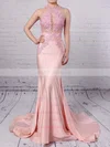 Trumpet/Mermaid Scoop Neck Jersey Sweep Train Appliques Lace Prom Dresses Sale #sale020104520