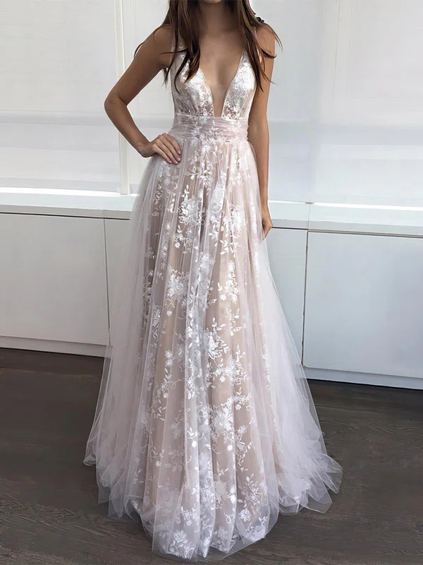 A-line V-neck Lace Tulle Floor-length Prom Dresses Sale #sale020104576