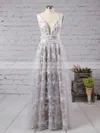 A-line V-neck Lace Tulle Floor-length Prom Dresses Sale #sale020104576