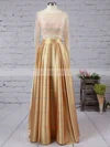 A-line Scoop Neck Lace Satin Floor-length Prom Dresses Sale #sale020104577