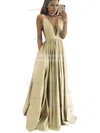 A-line V-neck Satin Floor-length Ruffles Prom Dresses Sale #sale020104605