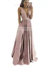 A-line V-neck Satin Floor-length Ruffles Prom Dresses Sale #sale020104605