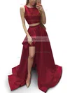 A-line Scoop Neck Satin Sweep Train Prom Dresses Sale #sale020104803