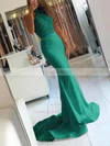 Trumpet/Mermaid Halter Jersey Sweep Train Appliques Lace Prom Dresses Sale #sale020104945