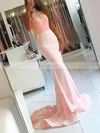 Trumpet/Mermaid Halter Jersey Sweep Train Appliques Lace Prom Dresses Sale #sale020104945