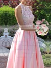 Princess High Neck Lace Satin Floor-length Beading Prom Dresses Sale #sale020105044