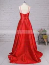 A-line V-neck Satin Sweep Train Pockets Prom Dresses Sale #sale020105284