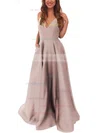 A-line V-neck Satin Sweep Train Pockets Prom Dresses Sale #sale020105284