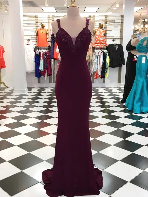 Trumpet/Mermaid V-neck Jersey Sweep Train Appliques Lace Prom Dresses Sale #sale020105309
