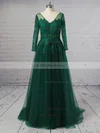A-line V-neck Tulle Sweep Train Appliques Lace Prom Dresses Sale #sale020105633