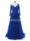 A-line V-neck Tulle Sweep Train Appliques Lace Prom Dresses Sale #sale020105633