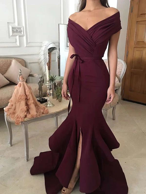 Trumpet/Mermaid Off-the-shoulder Silk-like Satin Sweep Train Sashes / Ribbons Prom Dresses Sale #sale020105702