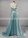 A-line V-neck Silk-like Satin Sweep Train Split Front Prom Dresses Sale #sale020105768
