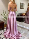 A-line V-neck Silk-like Satin Sweep Train Split Front Prom Dresses Sale #sale020106649