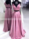 A-line V-neck Satin Sweep Train Pockets Prom Dresses Sale #sale020106705
