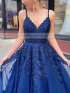 A-line V-neck Tulle Sweep Train Appliques Lace Prom Dresses Sale #sale020106787