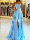 A-line Square Neckline Silk-like Satin Sweep Train Split Front Prom Dresses Sale #sale020106858