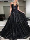 A-line V-neck Sequined Sweep Train Prom Dresses Sale #sale020106877