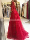 A-line Scoop Neck Tulle Sweep Train Appliques Lace Prom Dresses Sale #sale020106912