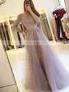 A-line Scoop Neck Tulle Sweep Train Appliques Lace Prom Dresses Sale #sale020106912