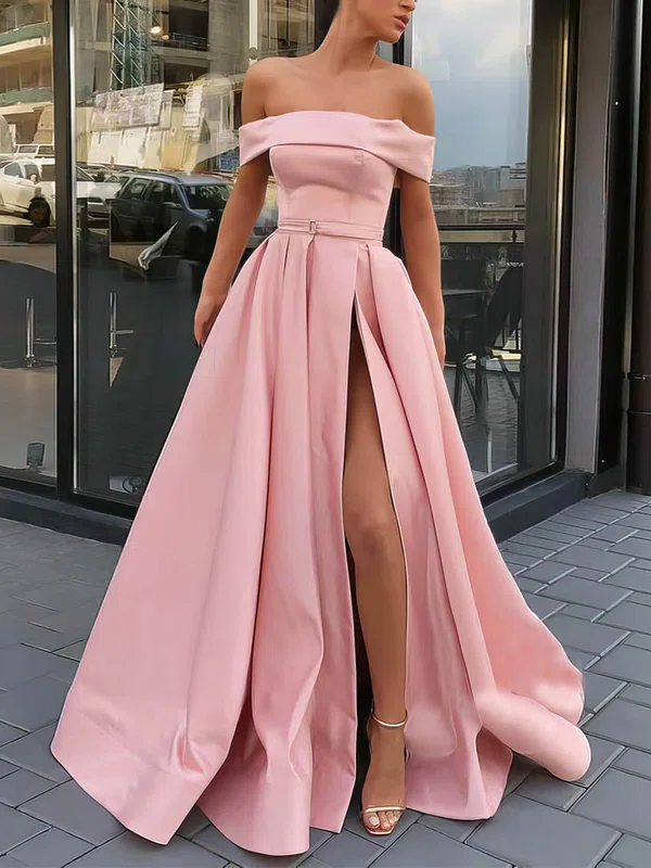 A-line Off-the-shoulder Satin Sweep Train Sashes / Ribbons Prom Dresses Sale #sale020106951