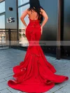 Trumpet/Mermaid Halter Silk-like Satin Court Train Cascading Ruffles Prom Dresses Sale #sale020107051
