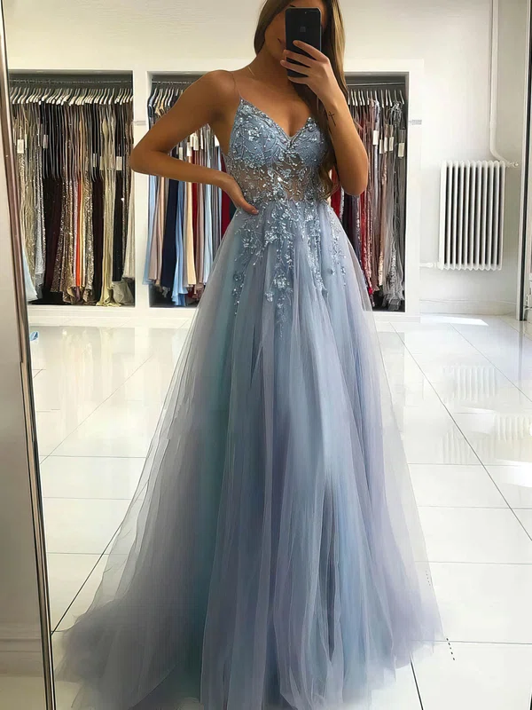 A-line V-neck Tulle Sweep Train Beading Prom Dresses Sale #sale020107079