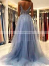 A-line V-neck Tulle Sweep Train Beading Prom Dresses Sale #sale020107079