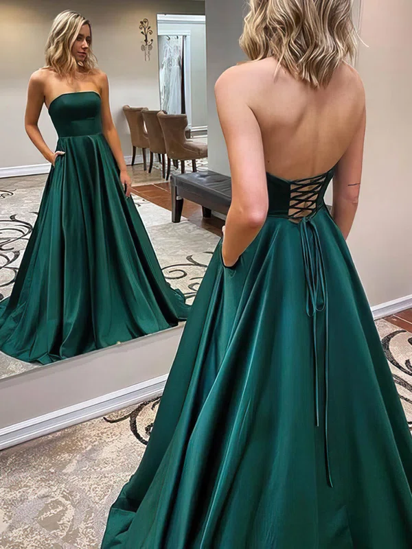 A-line Strapless Satin Sweep Train Pockets Prom Dresses Sale #sale020107479