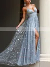 A-line V-neck Lace Sweep Train Appliques Lace Prom Dresses Sale #sale020107903