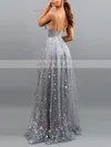 A-line V-neck Lace Sweep Train Appliques Lace Prom Dresses Sale #sale020107903