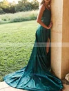 A-line V-neck Silk-like Satin Sweep Train Split Front Prom Dresses Sale #sale020107929
