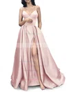 A-line V-neck Satin Sweep Train Pockets Prom Dresses Sale #sale020107941