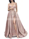 A-line V-neck Satin Sweep Train Pockets Prom Dresses Sale #sale020107941
