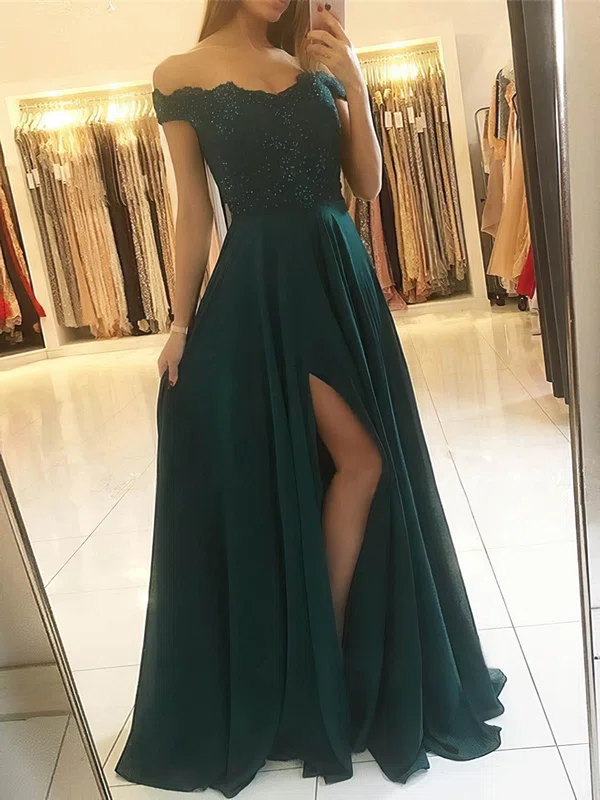 A-line Off-the-shoulder Lace Chiffon Sweep Train Beading Prom Dresses Sale #sale020107956