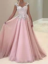 A-line Scoop Neck Chiffon Sweep Train Appliques Lace Prom Dresses Sale #sale020107983