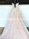 A-line Scoop Neck Tulle Sweep Train Appliques Lace Prom Dresses Sale #sale020107990