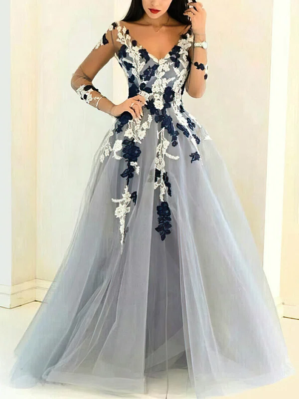 A-line V-neck Tulle Lace Sweep Train Appliques Lace Prom Dresses Sale #sale020107991