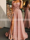 A-line Sweetheart Silk-like Satin Sweep Train Flower(s) Prom Dresses Sale #sale020107997
