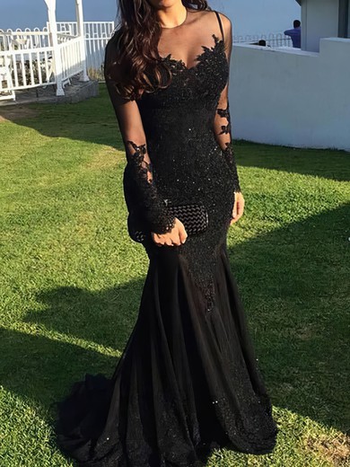 Mermaid Illusion Tulle Long Sleeves Prom Dresses With Appliques #UKM020108002