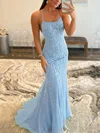 Trumpet/Mermaid Sweep Train Scoop Neck Tulle Lace Appliques Lace Prom Dresses #UKM020108004